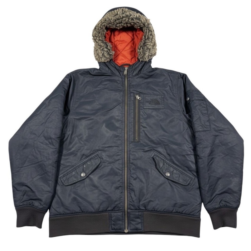 The North Face Bomber Jacket Mens Medium Navy Faux Fur Hood Quilted Orange Coat